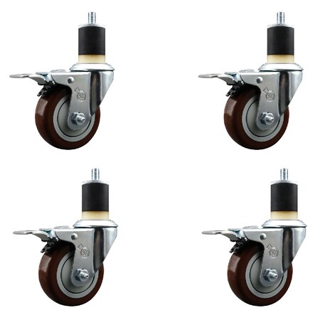 Service Caster 3.5'' SS Maroon Poly Swivel 1-7/8'' Expanding Stem Caster Set Total Lock Brake, 4PK SCC-SSEXTTL20S3514-PPUB-MRN-178-4